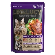 LEO&LUCY холистик д/кошек Кусочки в соусе с телятиной, индейкой и биодоб, подходит стерил, 85г